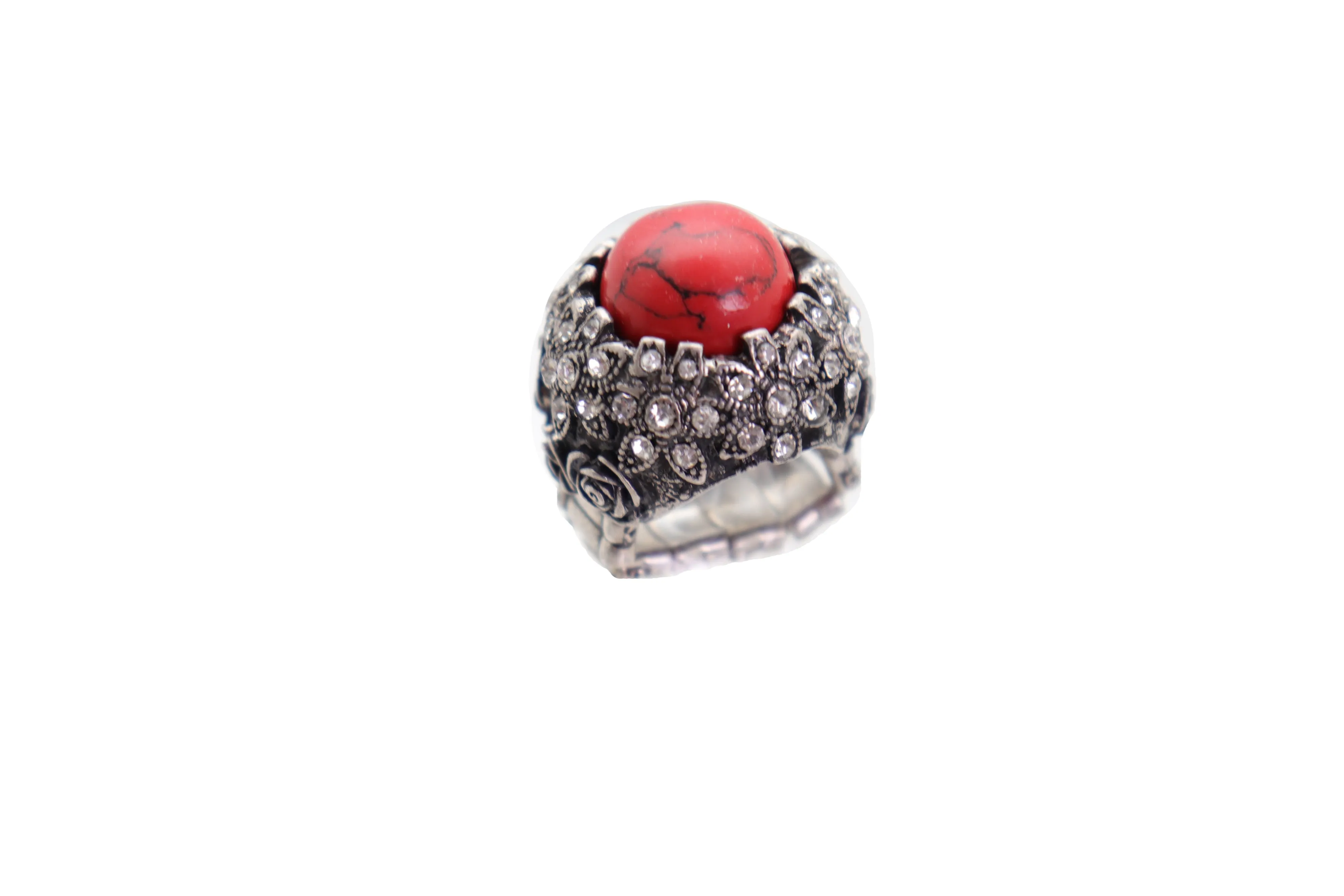 Silver Metal Red Bead Floral Filigree with Rhinestones Ring