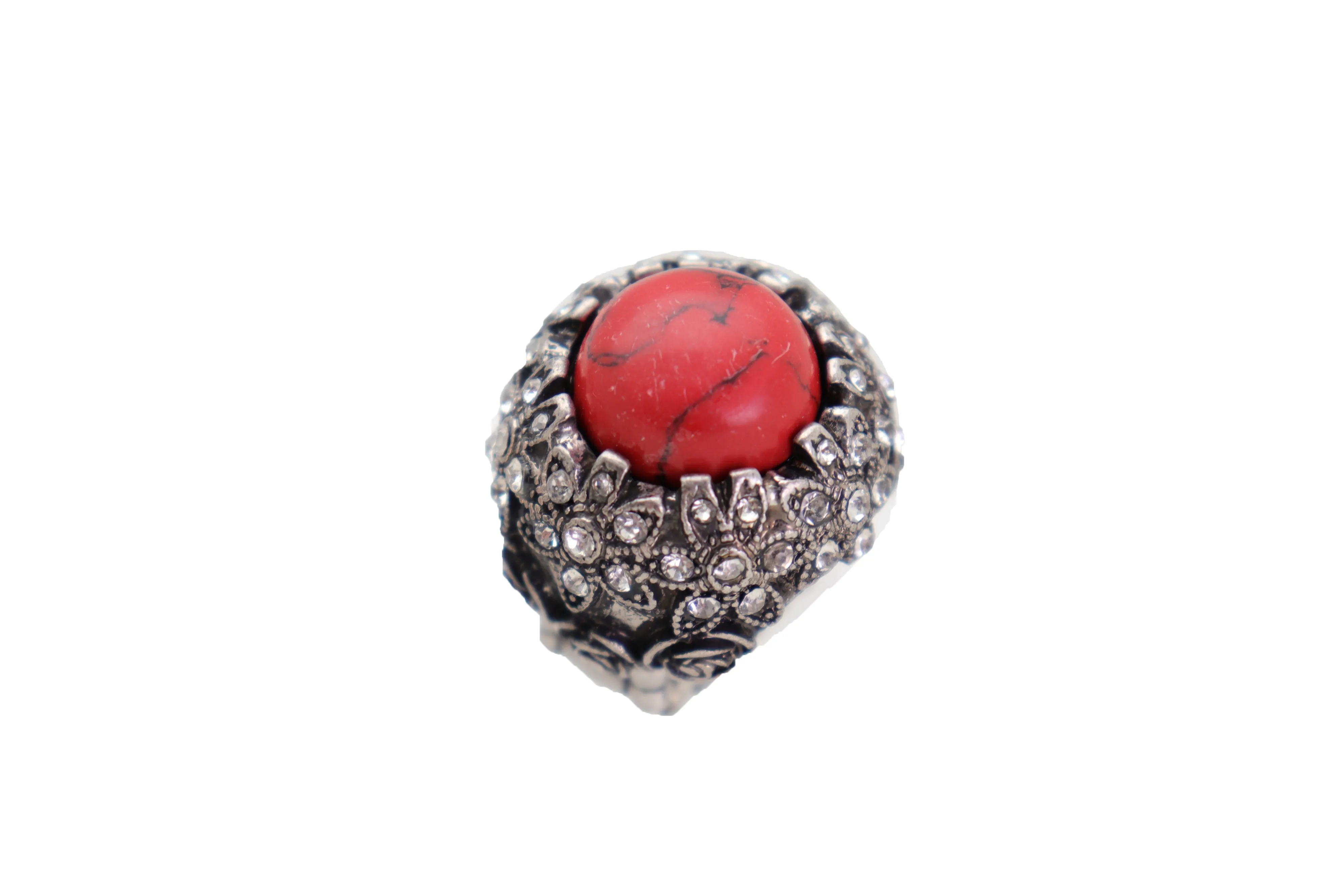 Silver Metal Red Bead Floral Filigree with Rhinestones Ring