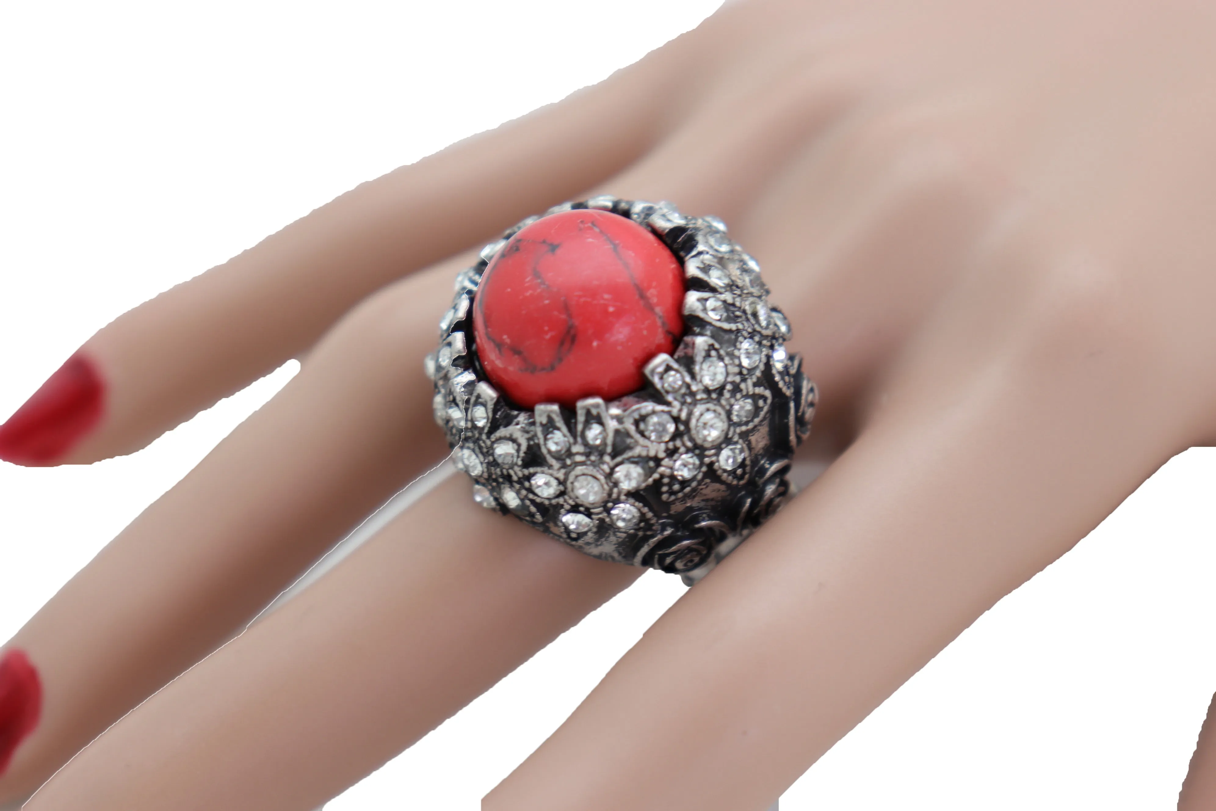 Silver Metal Red Bead Floral Filigree with Rhinestones Ring