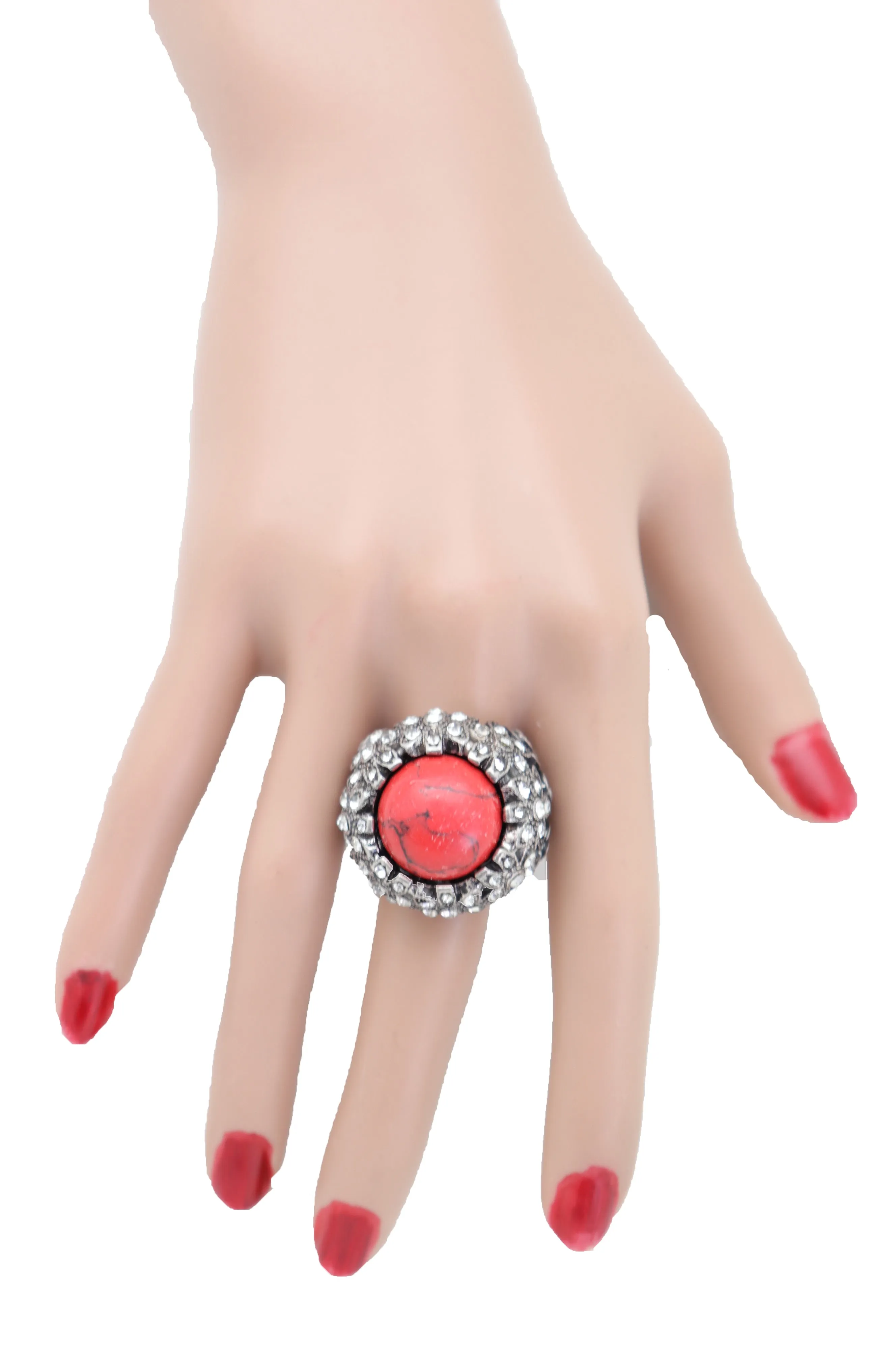 Silver Metal Red Bead Floral Filigree with Rhinestones Ring
