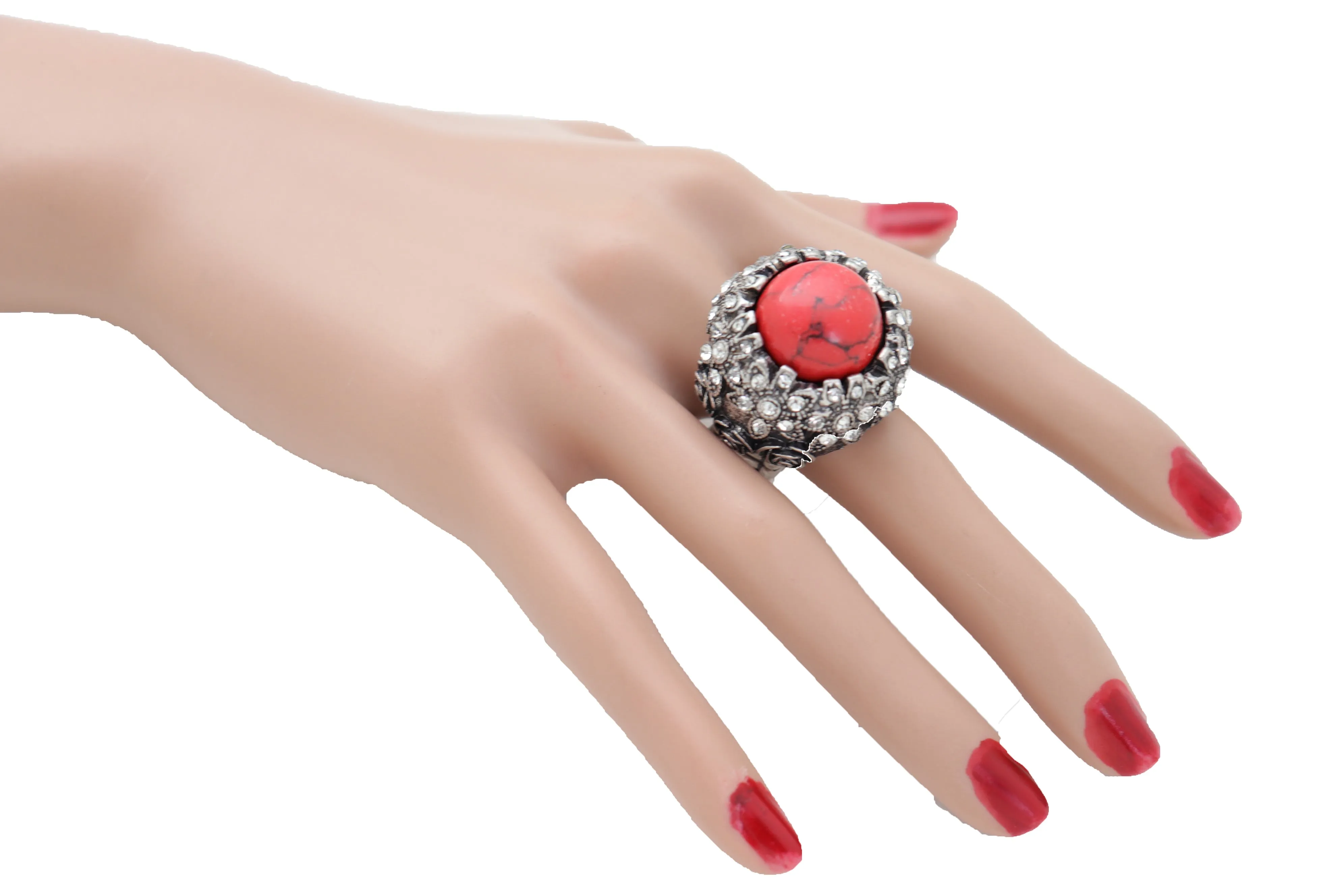 Silver Metal Red Bead Floral Filigree with Rhinestones Ring