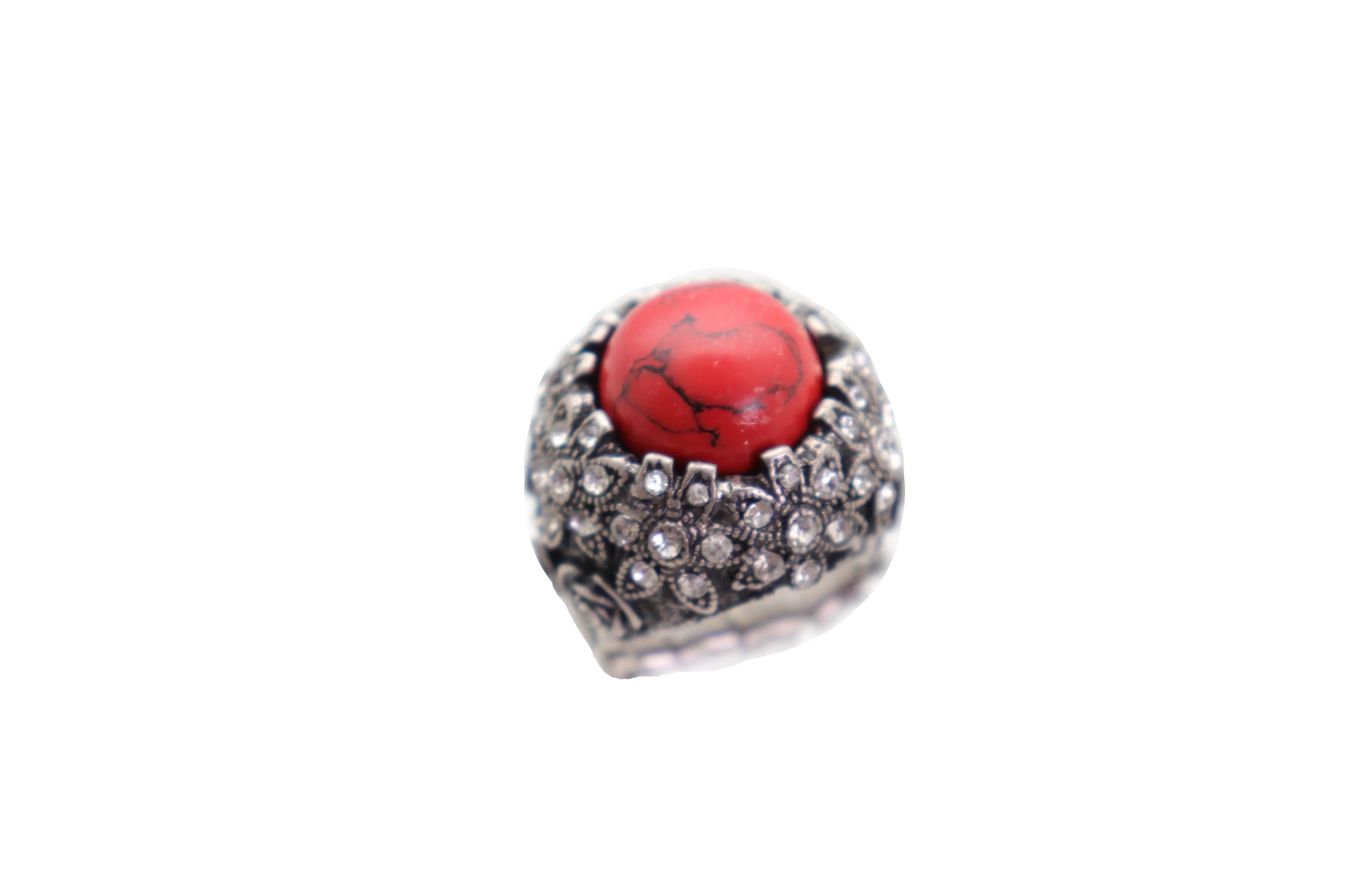 Silver Metal Red Bead Floral Filigree with Rhinestones Ring
