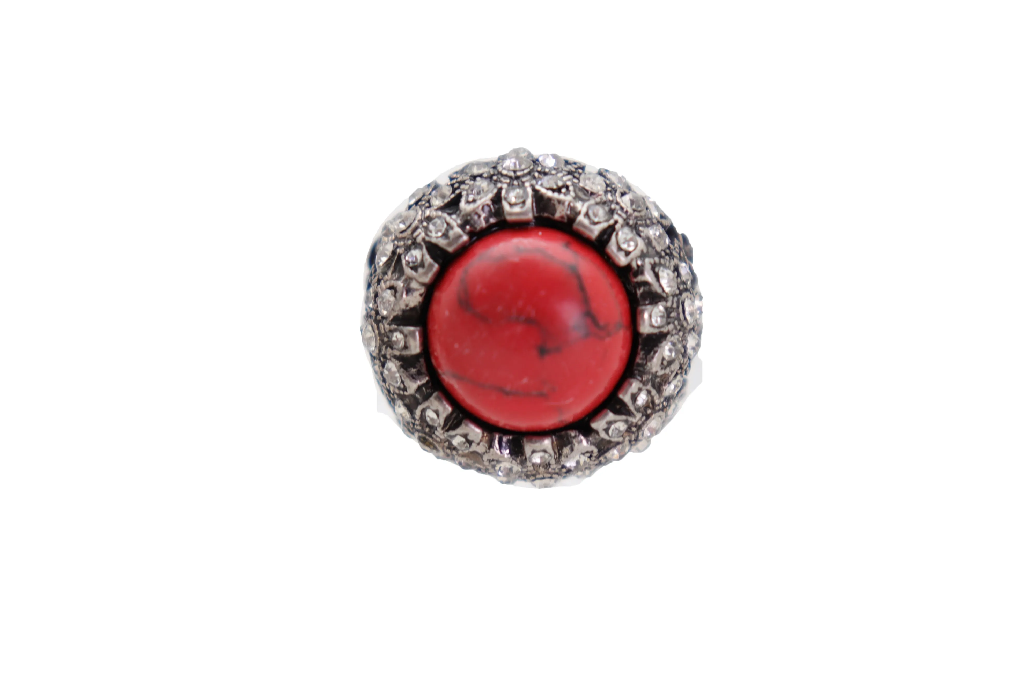 Silver Metal Red Bead Floral Filigree with Rhinestones Ring