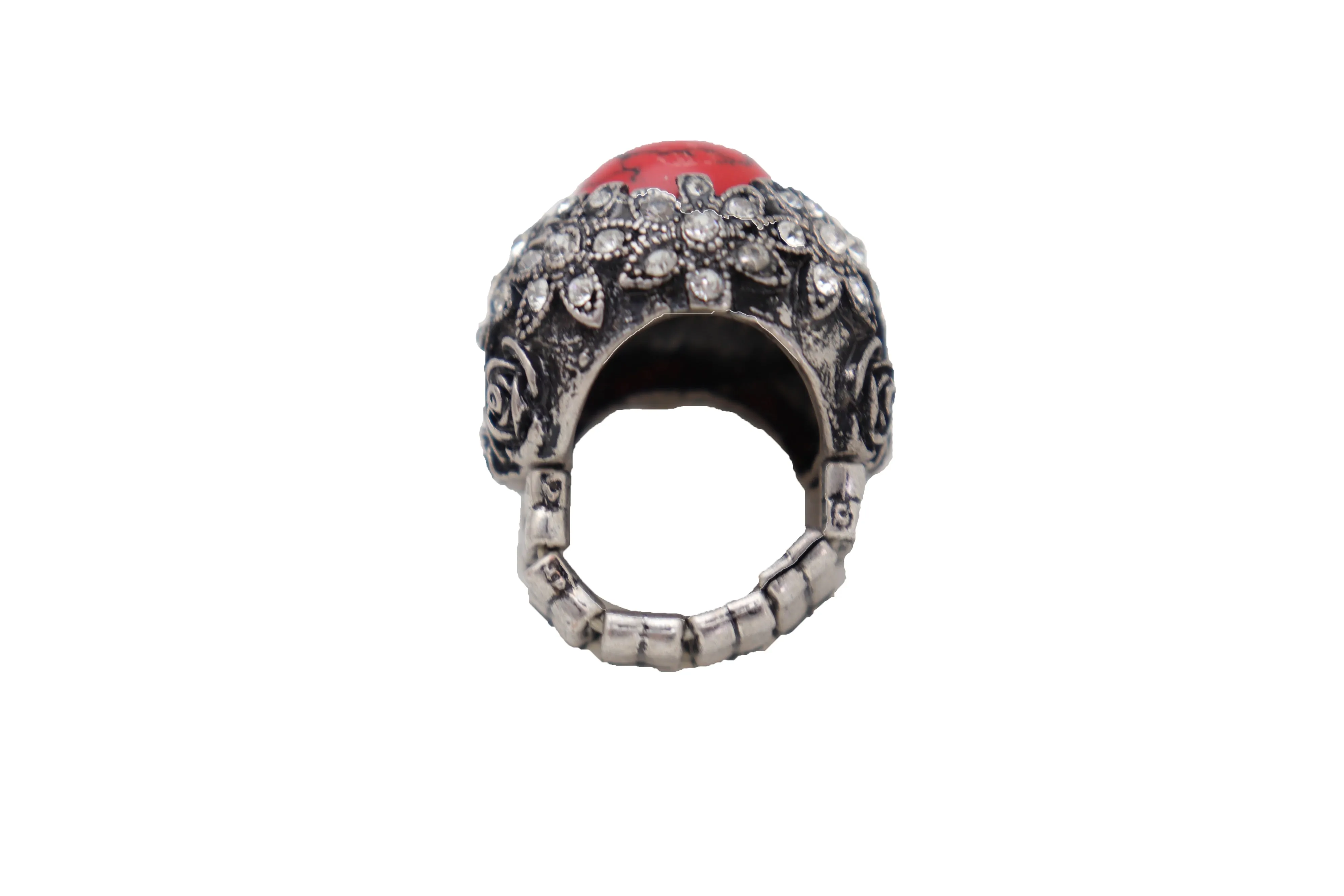 Silver Metal Red Bead Floral Filigree with Rhinestones Ring