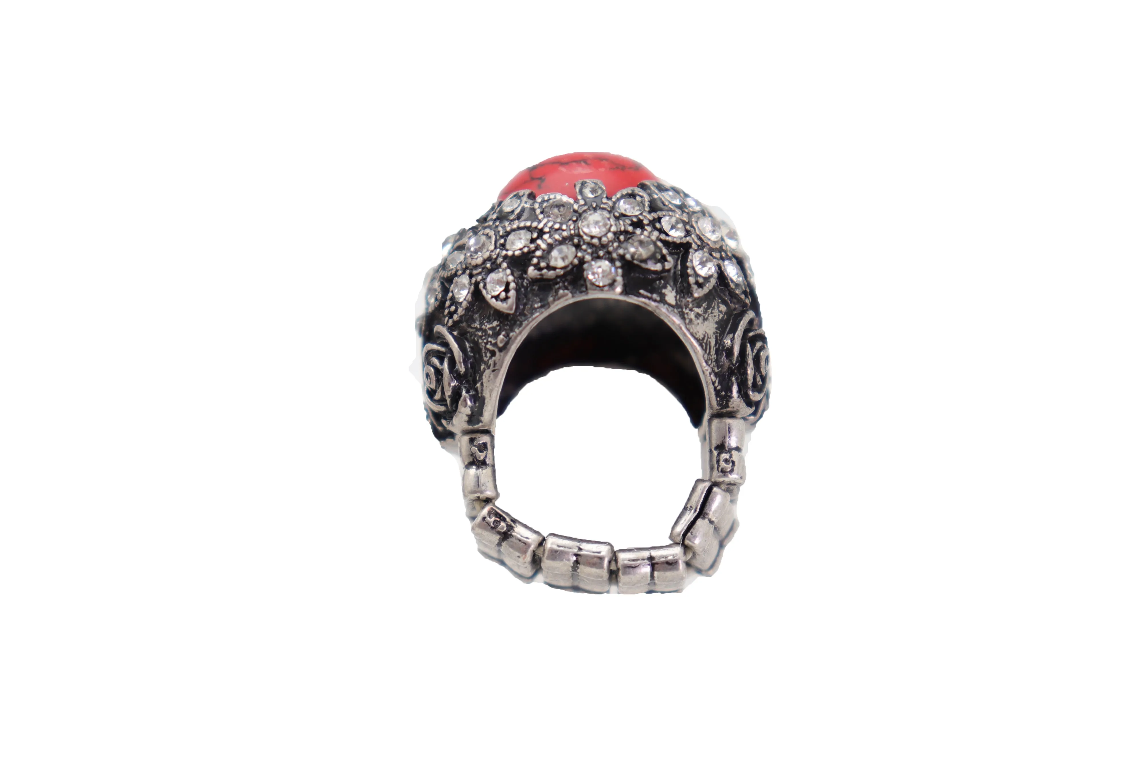 Silver Metal Red Bead Floral Filigree with Rhinestones Ring