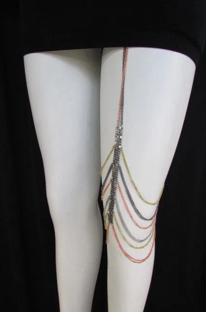 Silver Pewter Pink Gold Metal Chains High Mesh Long Leg Thin Garter Body