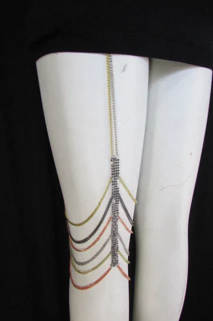 Silver Pewter Pink Gold Metal Chains High Mesh Long Leg Thin Garter Body