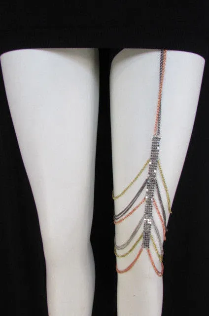 Silver Pewter Pink Gold Metal Chains High Mesh Long Leg Thin Garter Body