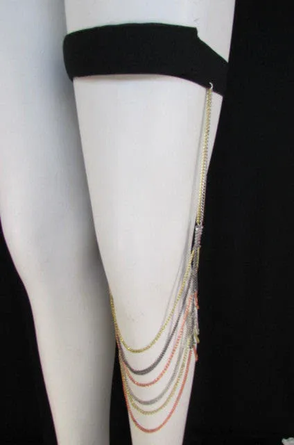 Silver Pewter Pink Gold Metal Chains High Mesh Long Leg Thin Garter Body