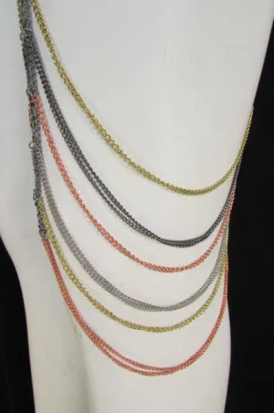 Silver Pewter Pink Gold Metal Chains High Mesh Long Leg Thin Garter Body
