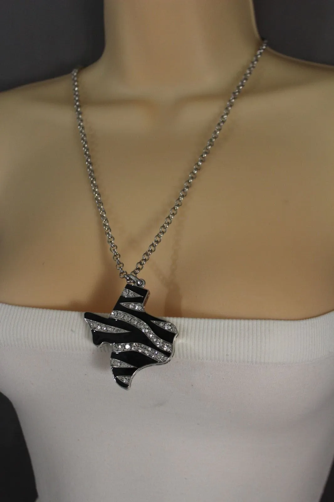 Silver Zebra Metal Chain Texas State Map Pendant Western Necklace