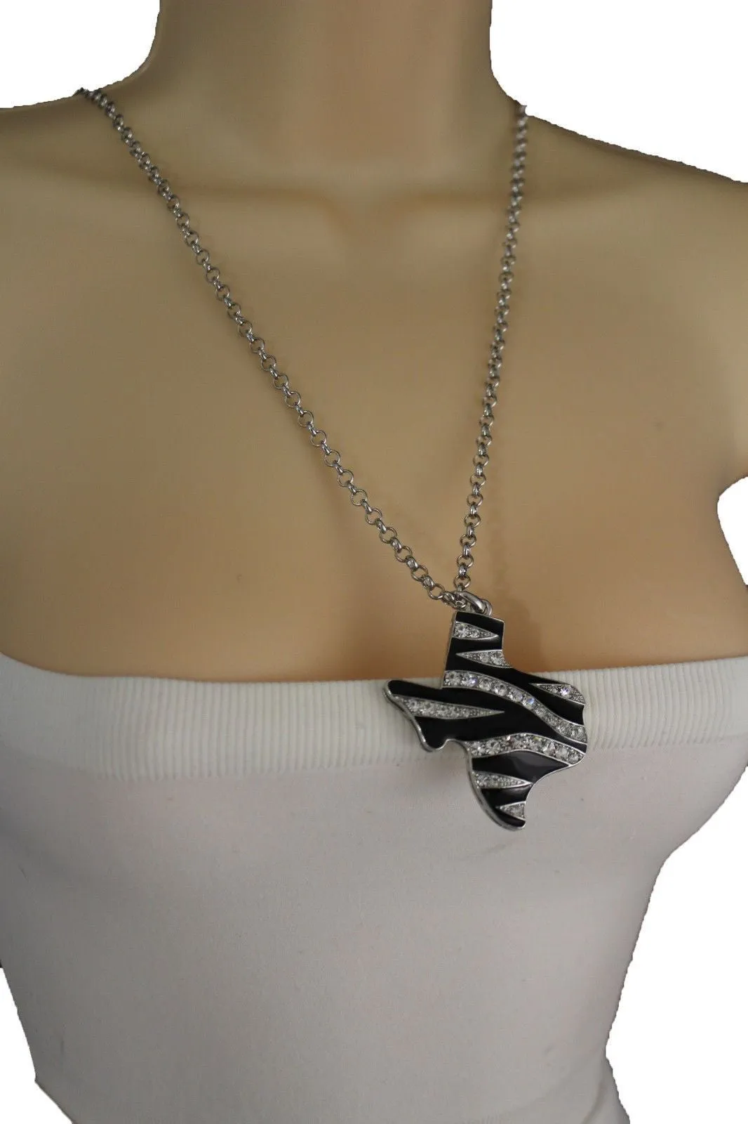 Silver Zebra Metal Chain Texas State Map Pendant Western Necklace