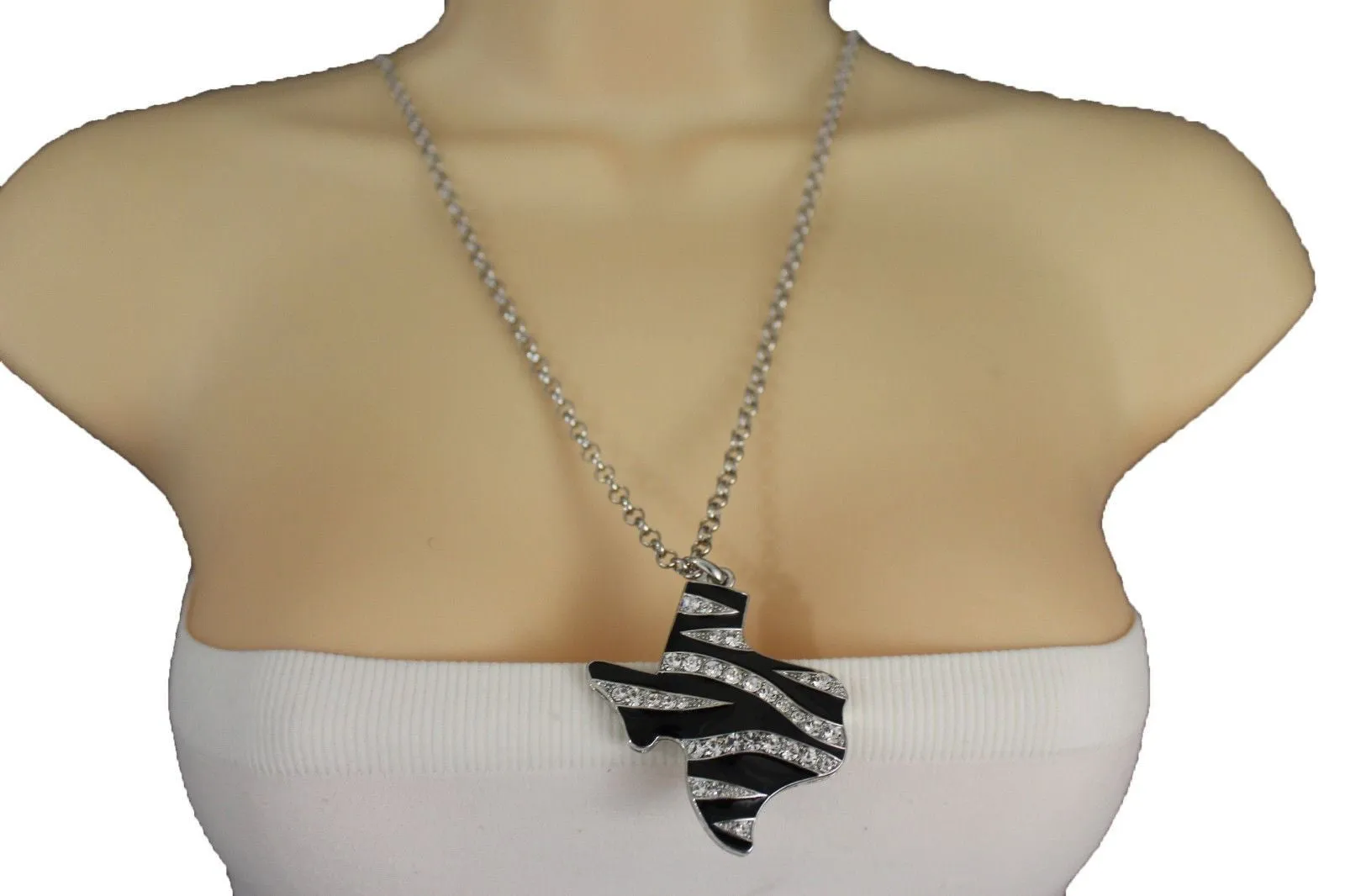 Silver Zebra Metal Chain Texas State Map Pendant Western Necklace