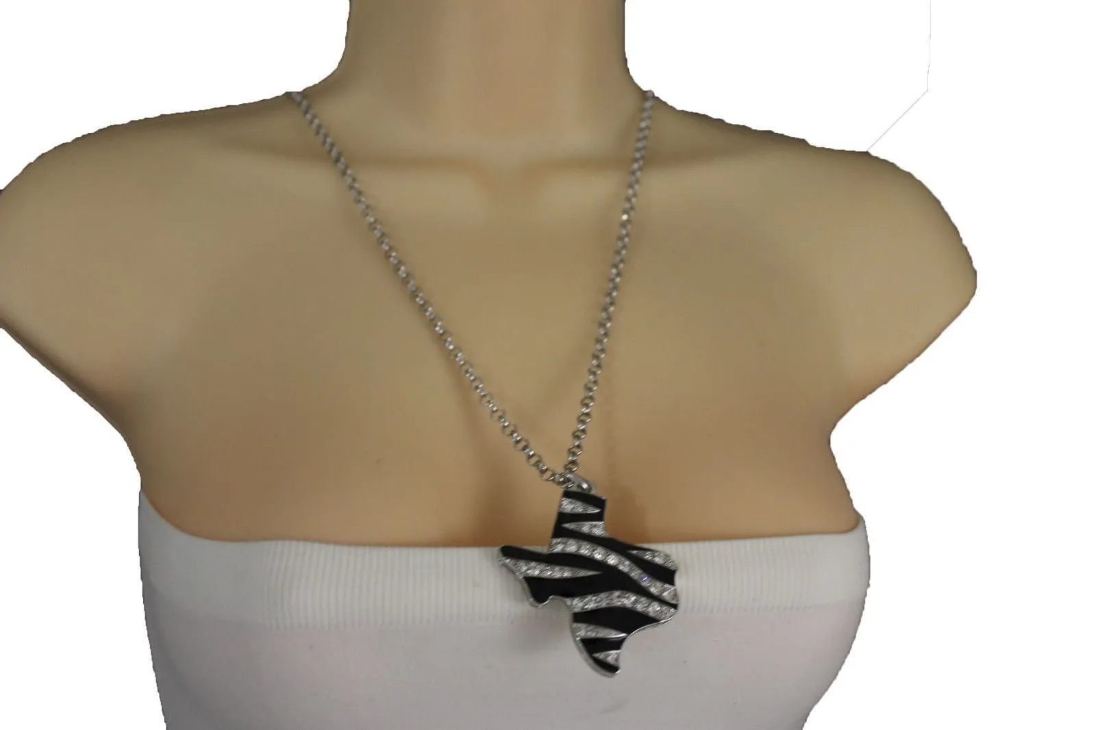 Silver Zebra Metal Chain Texas State Map Pendant Western Necklace