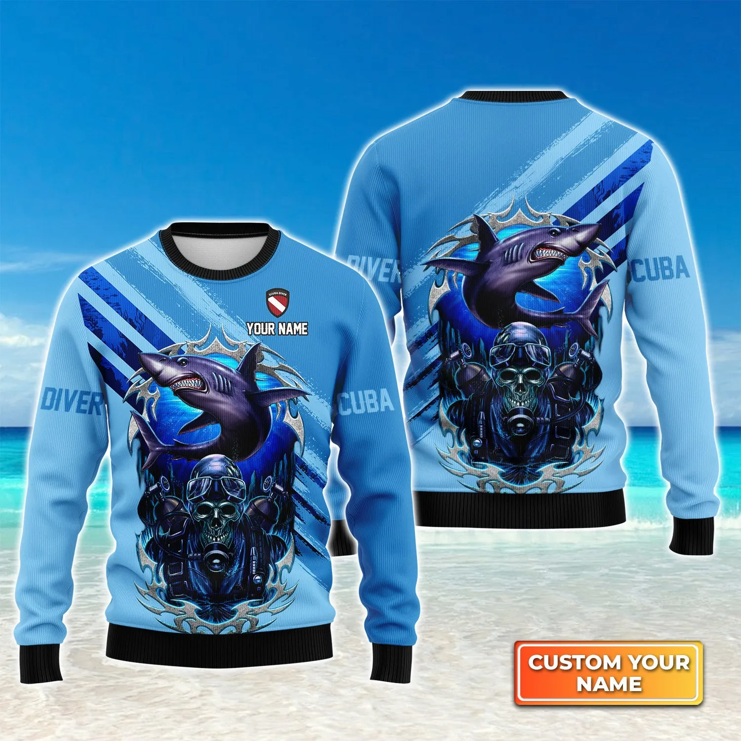 Skull Reaper With Scuba Diving Tank Set And Shark Personalized 3D Shirt