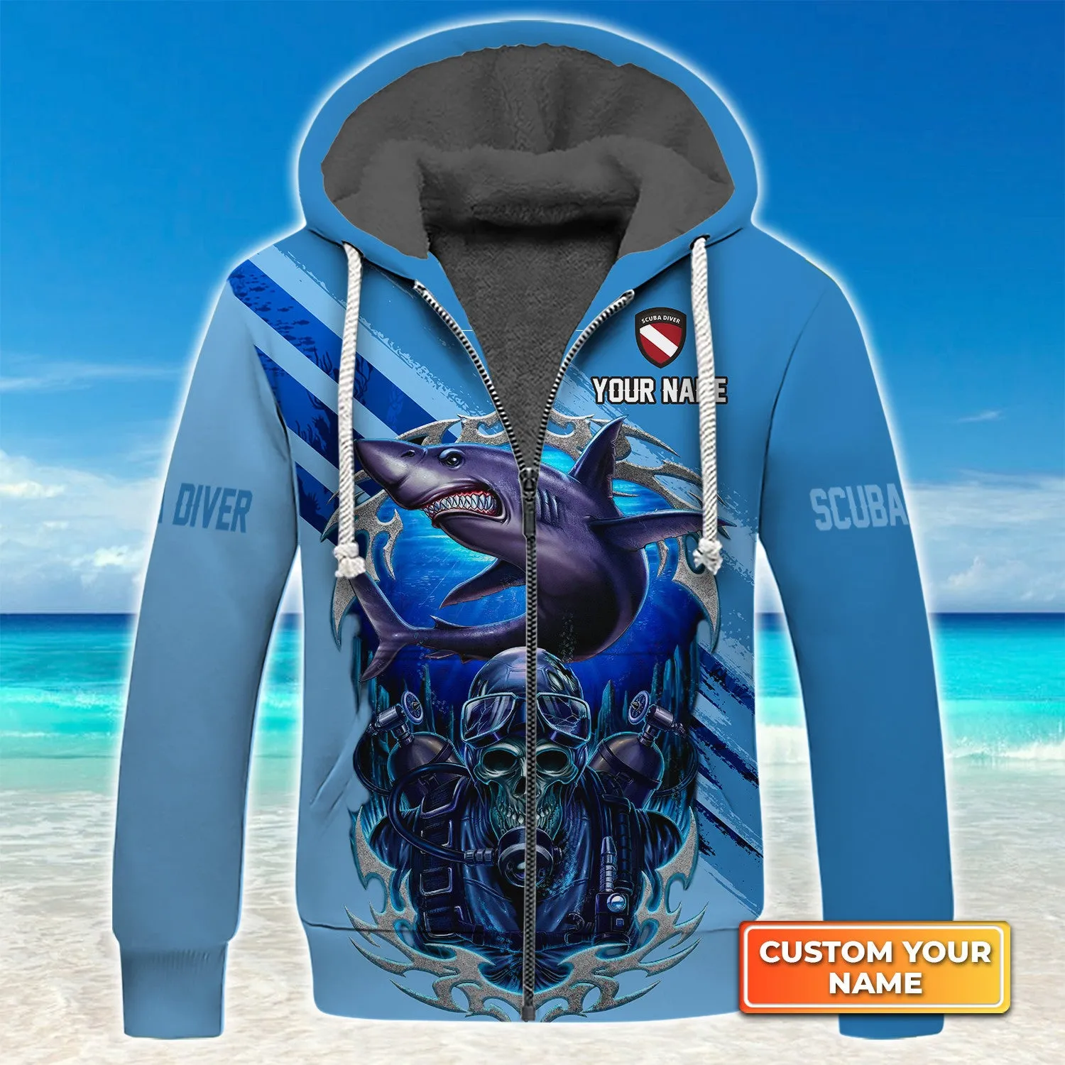 Skull Reaper With Scuba Diving Tank Set And Shark Personalized 3D Shirt