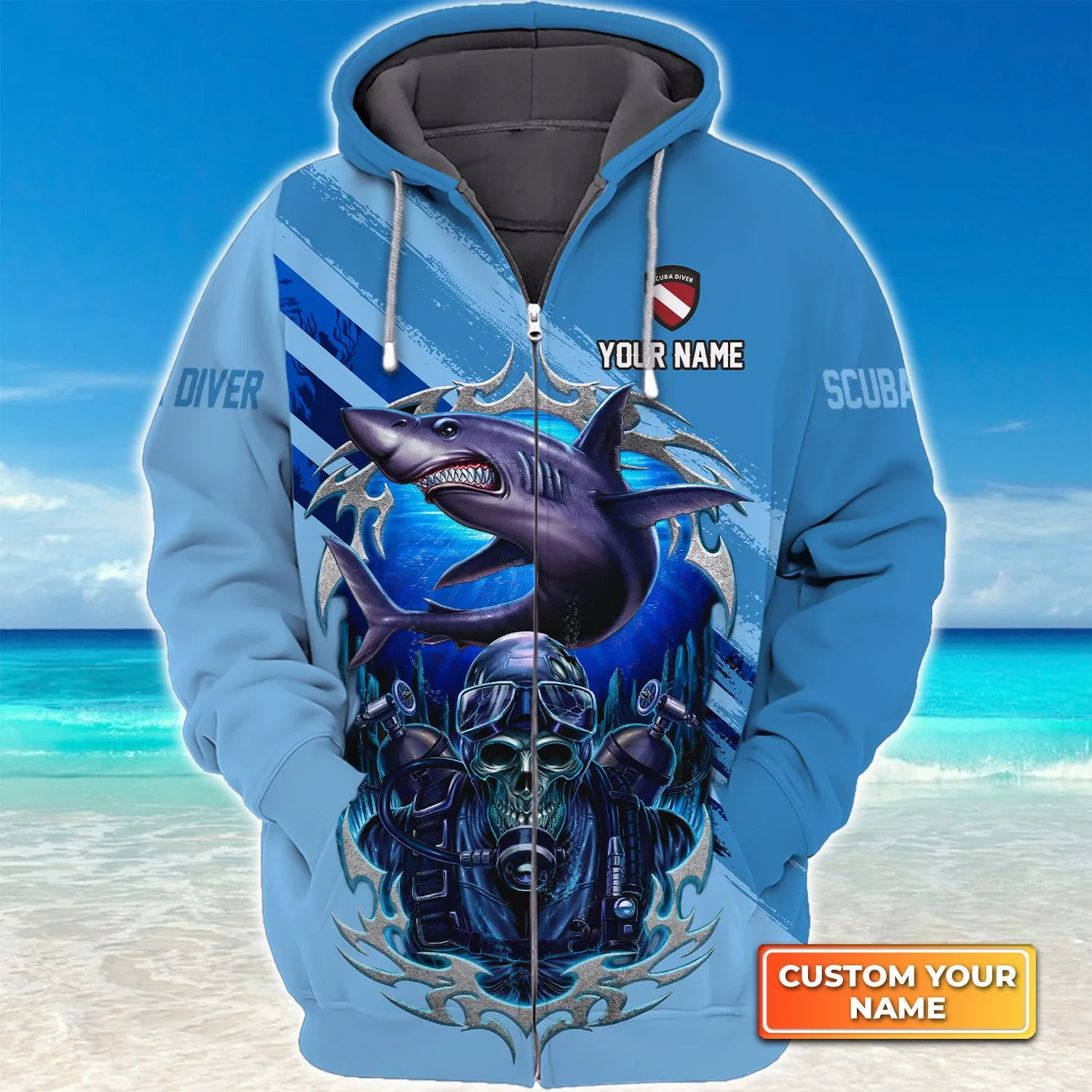 Skull Reaper With Scuba Diving Tank Set And Shark Personalized 3D Shirt