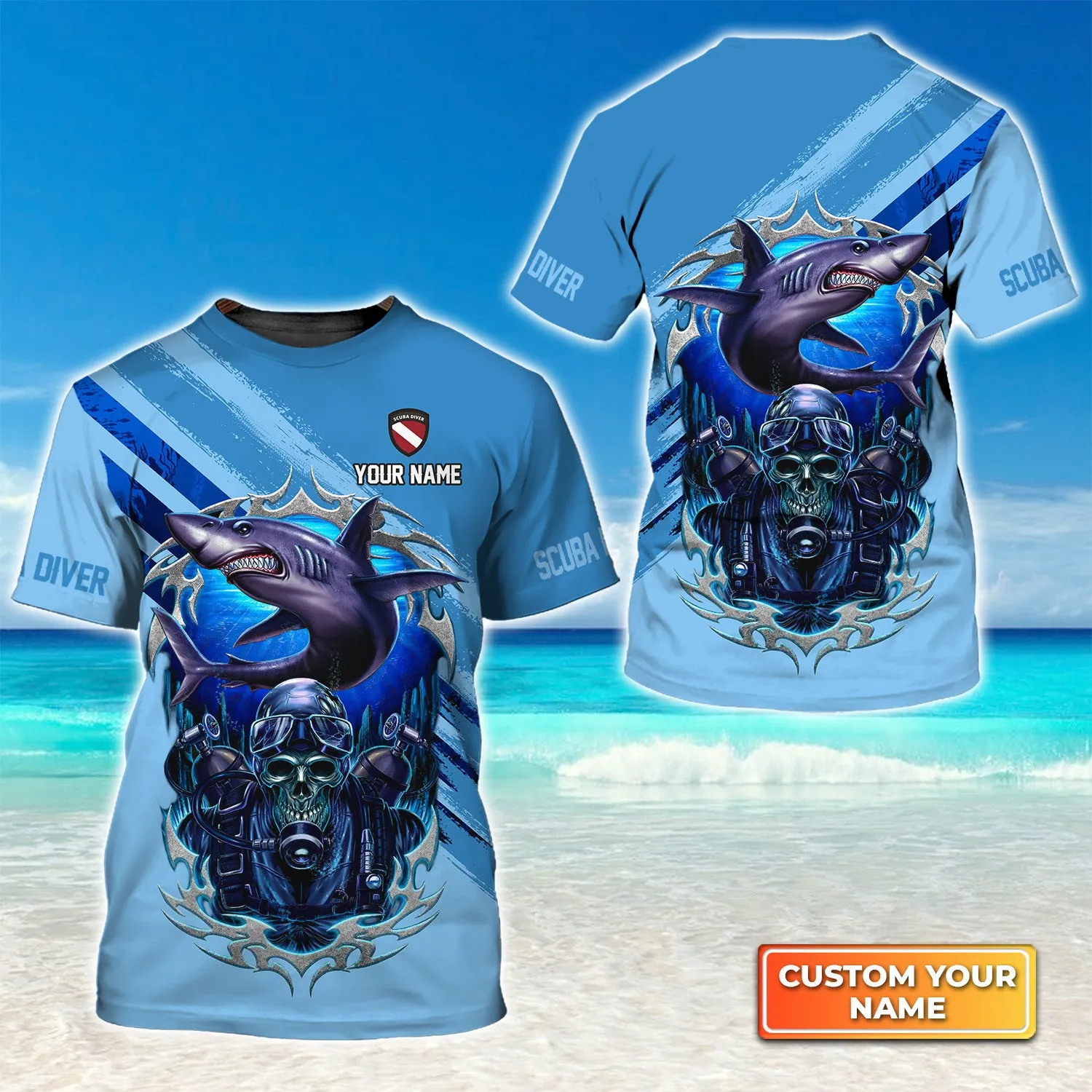 Skull Reaper With Scuba Diving Tank Set And Shark Personalized 3D Shirt