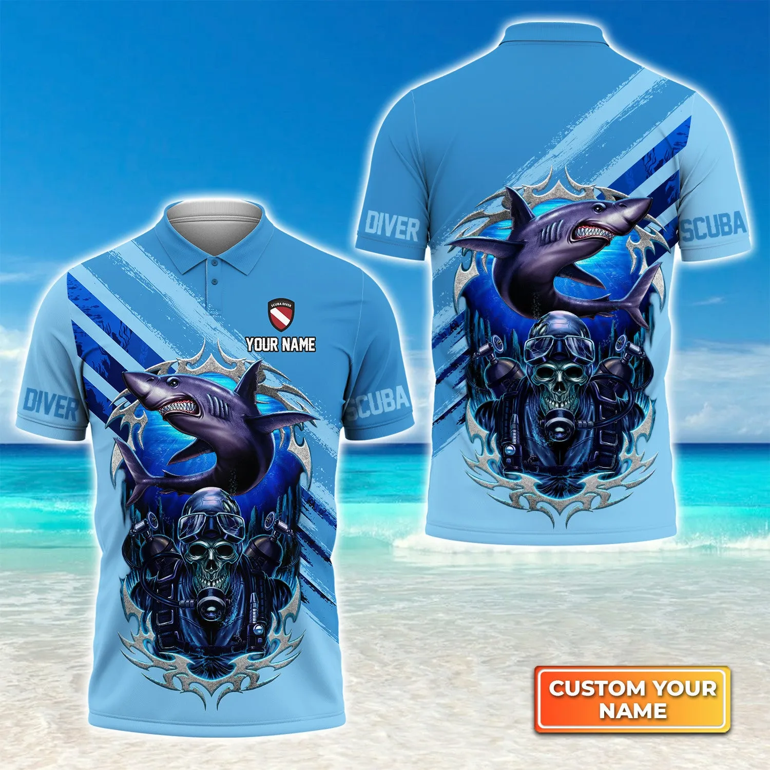 Skull Reaper With Scuba Diving Tank Set And Shark Personalized 3D Shirt