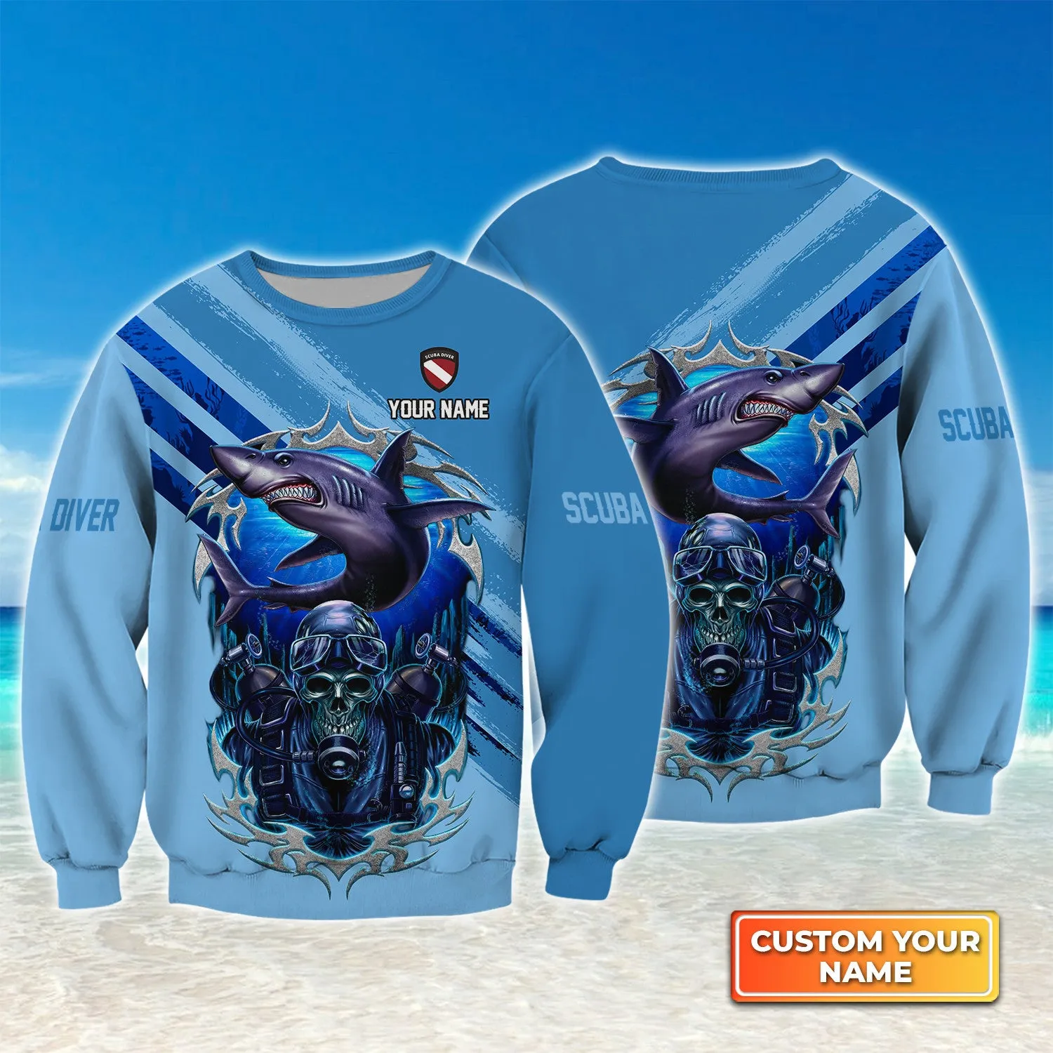 Skull Reaper With Scuba Diving Tank Set And Shark Personalized 3D Shirt