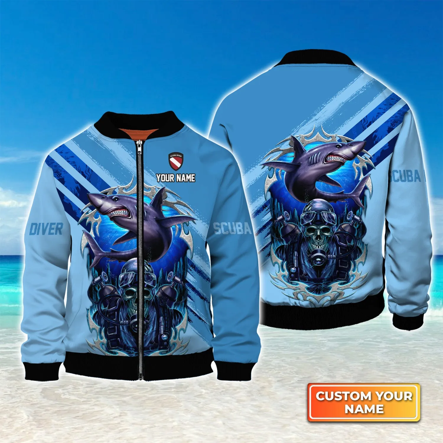 Skull Reaper With Scuba Diving Tank Set And Shark Personalized 3D Shirt