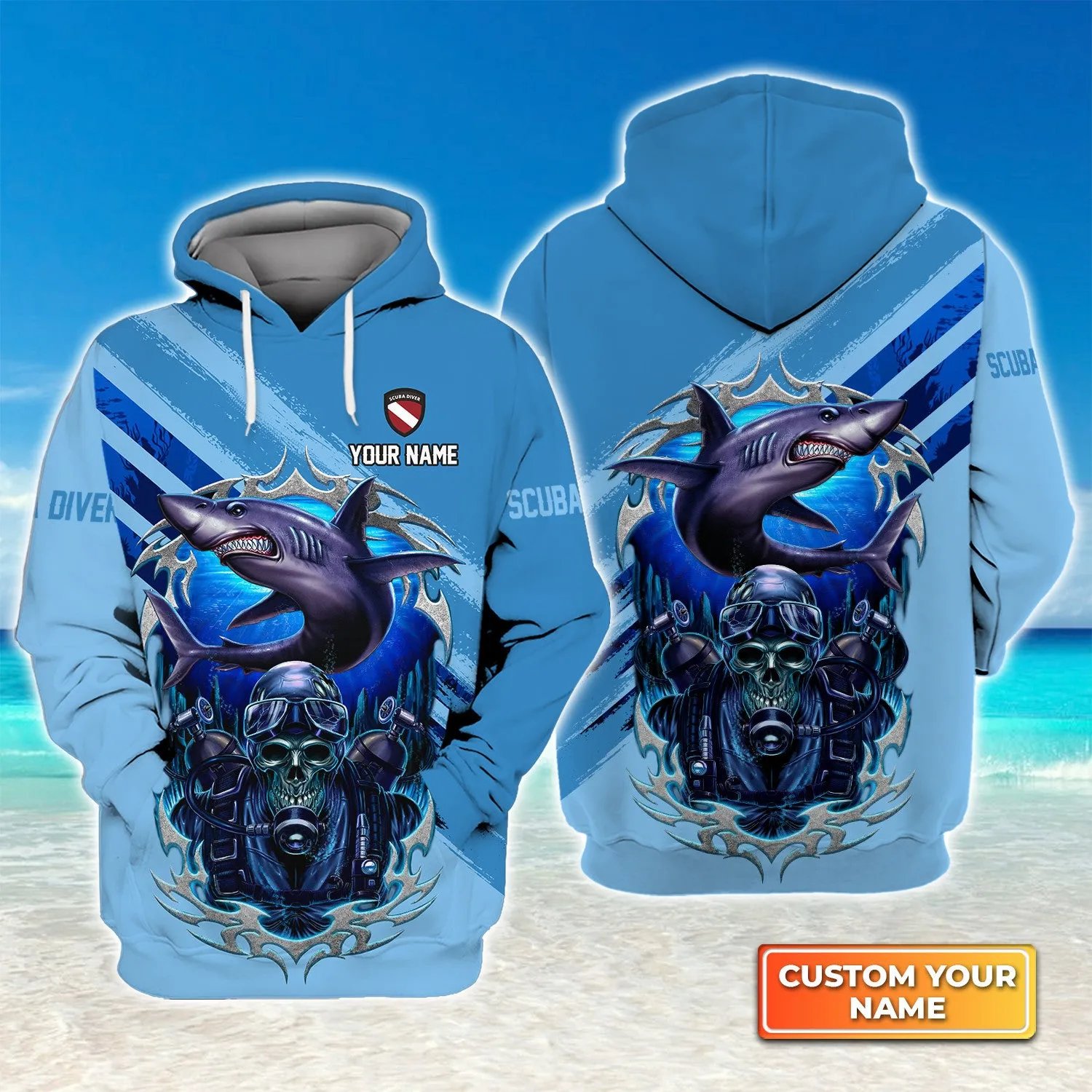 Skull Reaper With Scuba Diving Tank Set And Shark Personalized 3D Shirt