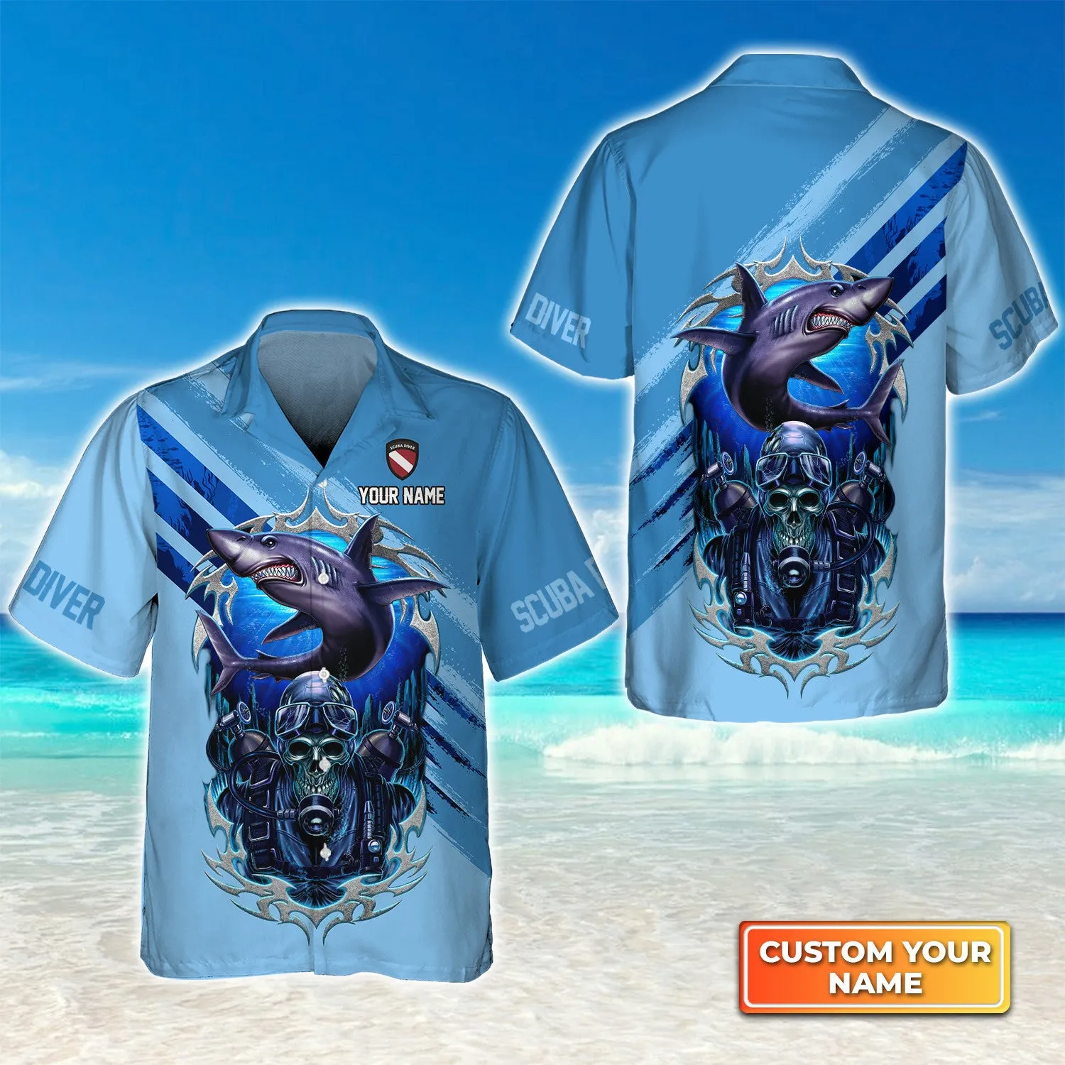 Skull Reaper With Scuba Diving Tank Set And Shark Personalized 3D Shirt