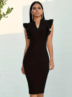 Solid Black Mandarin Collared Bodycon Dress