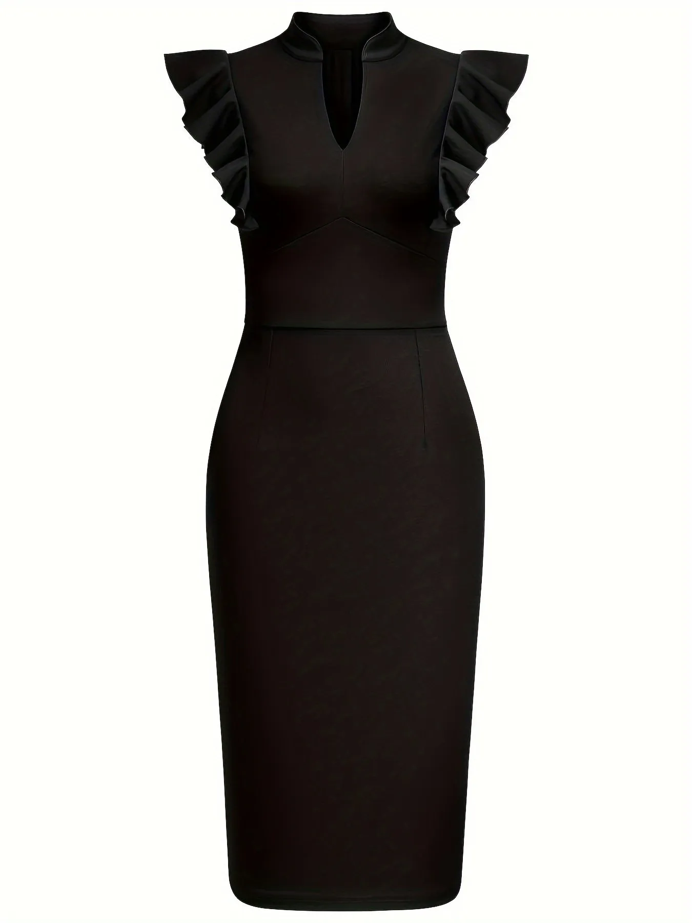 Solid Black Mandarin Collared Bodycon Dress