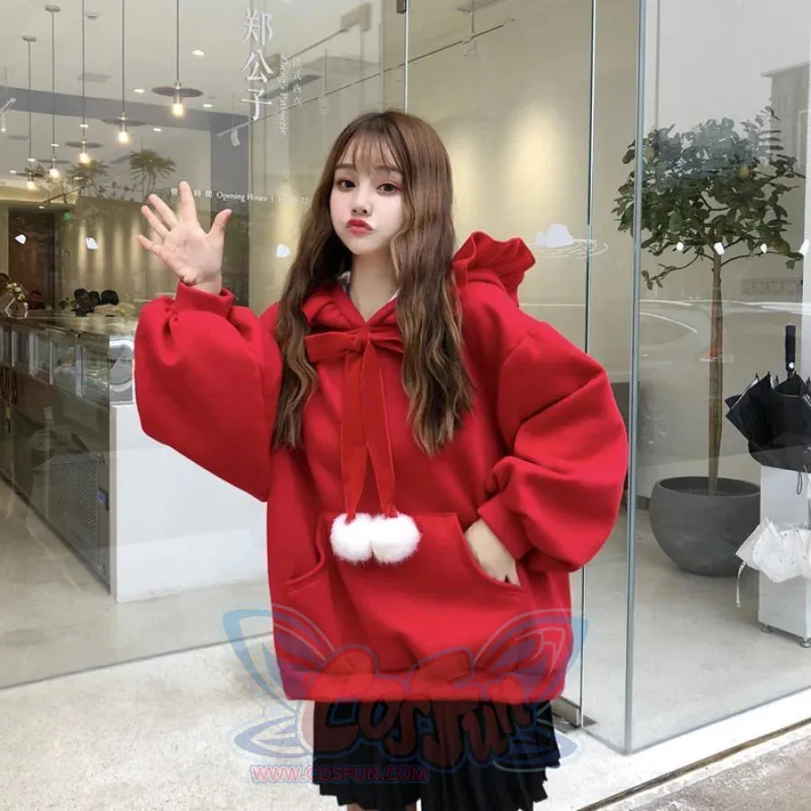 Solid Fuzzy Ball Ruffle Witch Hoodie Knotted Tie Sweatshirt