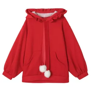 Solid Fuzzy Ball Ruffle Witch Hoodie Knotted Tie Sweatshirt