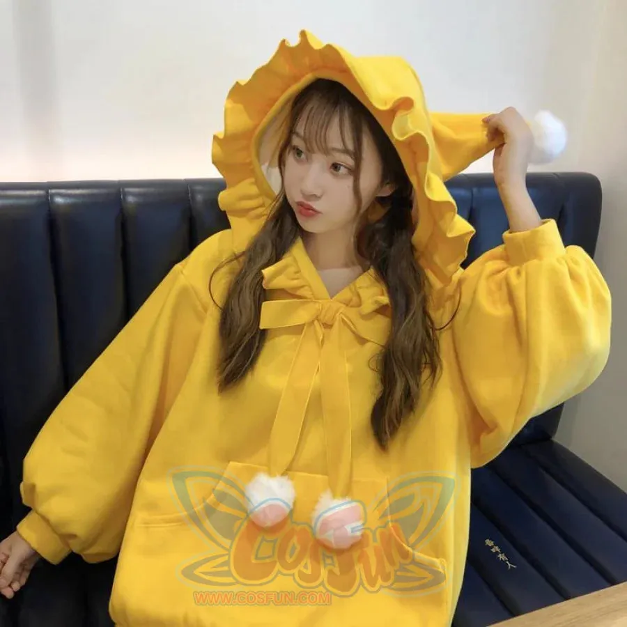 Solid Fuzzy Ball Ruffle Witch Hoodie Knotted Tie Sweatshirt