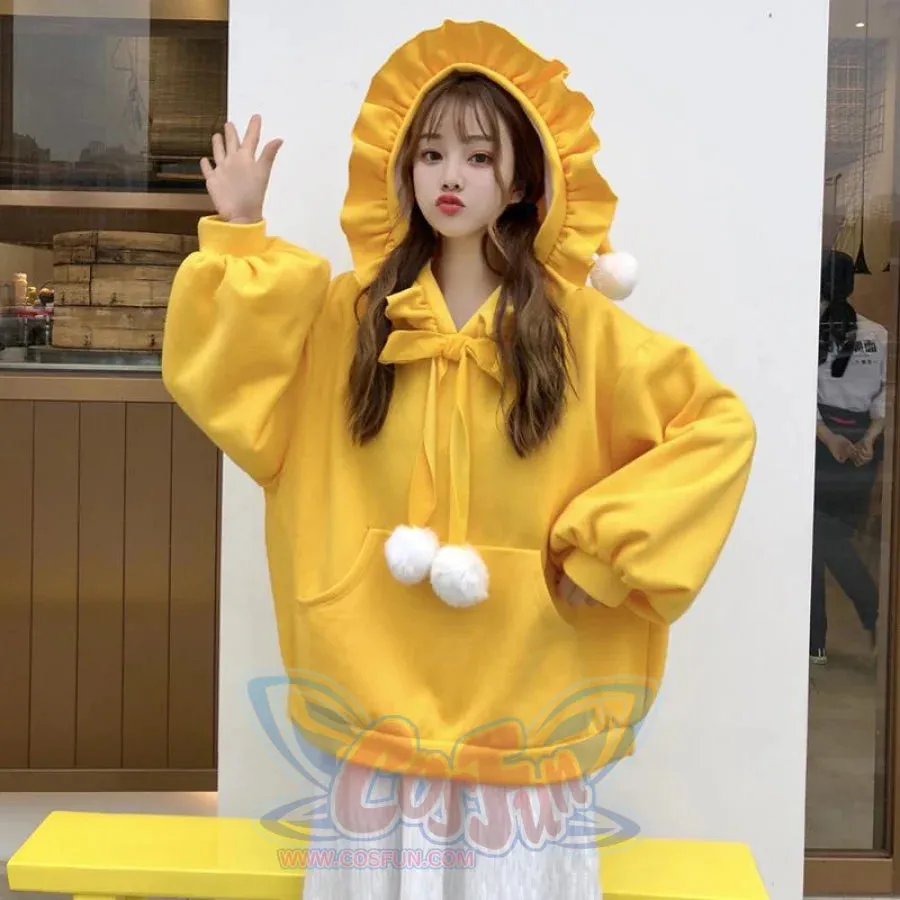 Solid Fuzzy Ball Ruffle Witch Hoodie Knotted Tie Sweatshirt