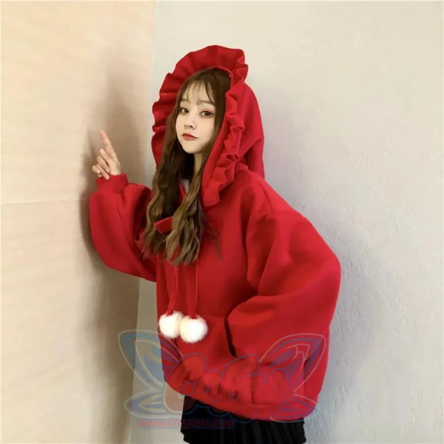 Solid Fuzzy Ball Ruffle Witch Hoodie Knotted Tie Sweatshirt