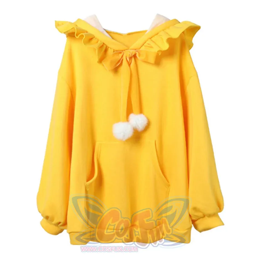 Solid Fuzzy Ball Ruffle Witch Hoodie Knotted Tie Sweatshirt