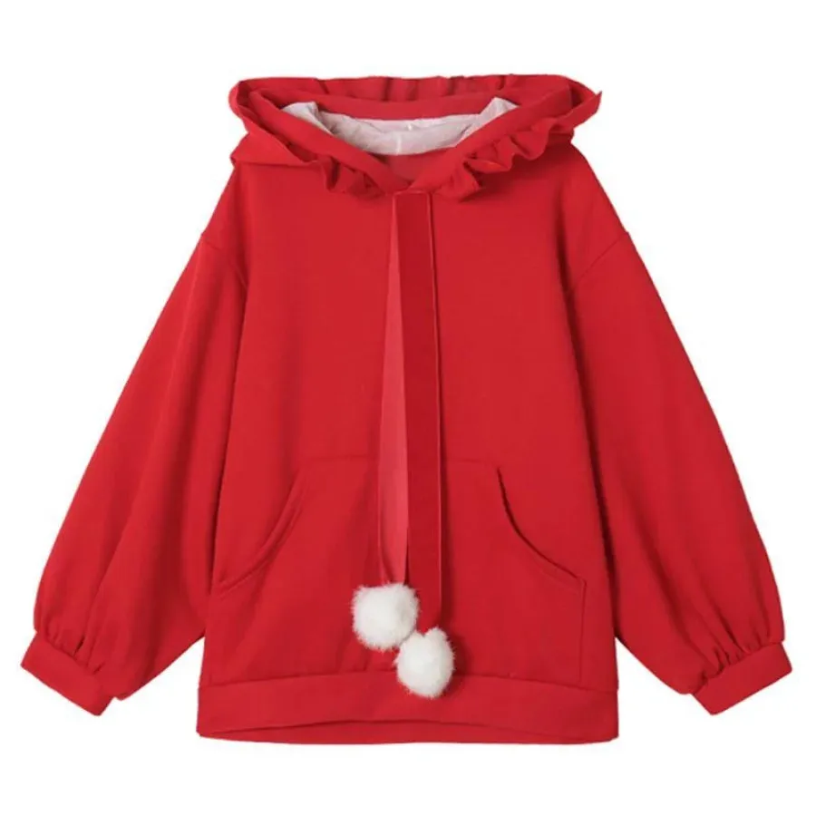 Solid Fuzzy Ball Ruffle Witch Hoodie Knotted Tie Sweatshirt