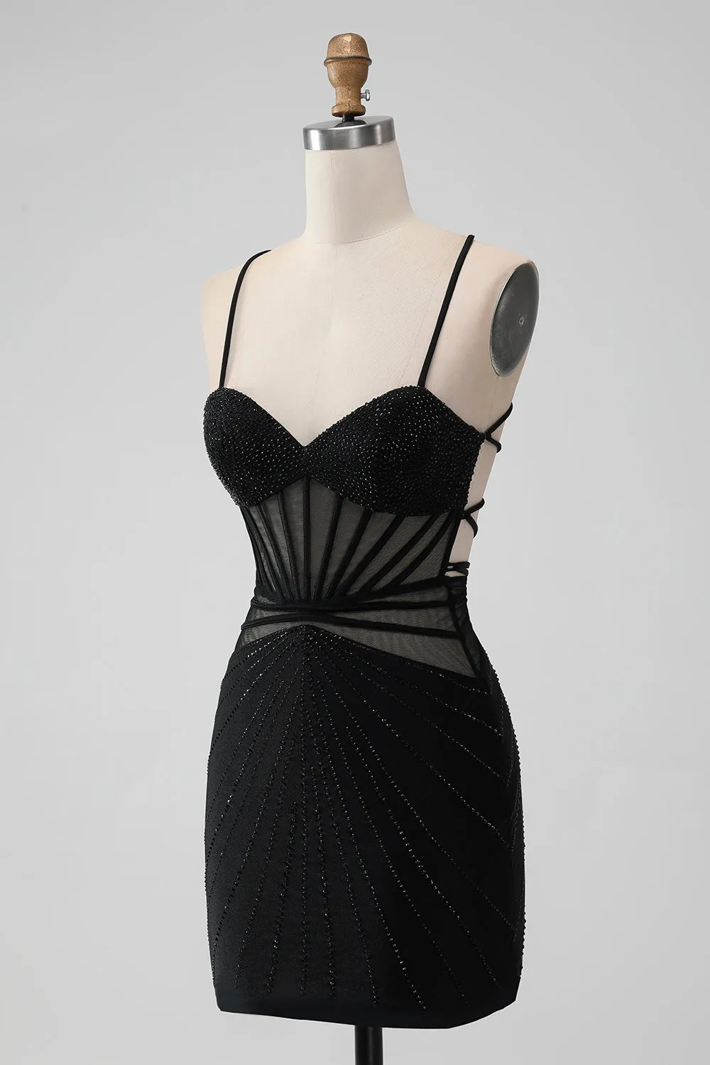 Sparkly Black Mermaid Lace-Up Back Sheer Short Homecoming Dress with Beading