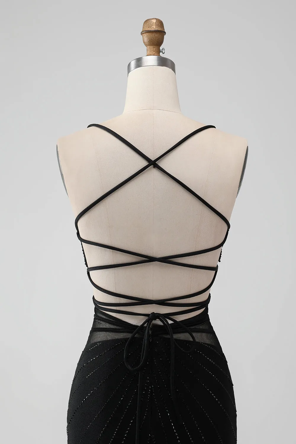 Sparkly Black Mermaid Lace-Up Back Sheer Short Homecoming Dress with Beading