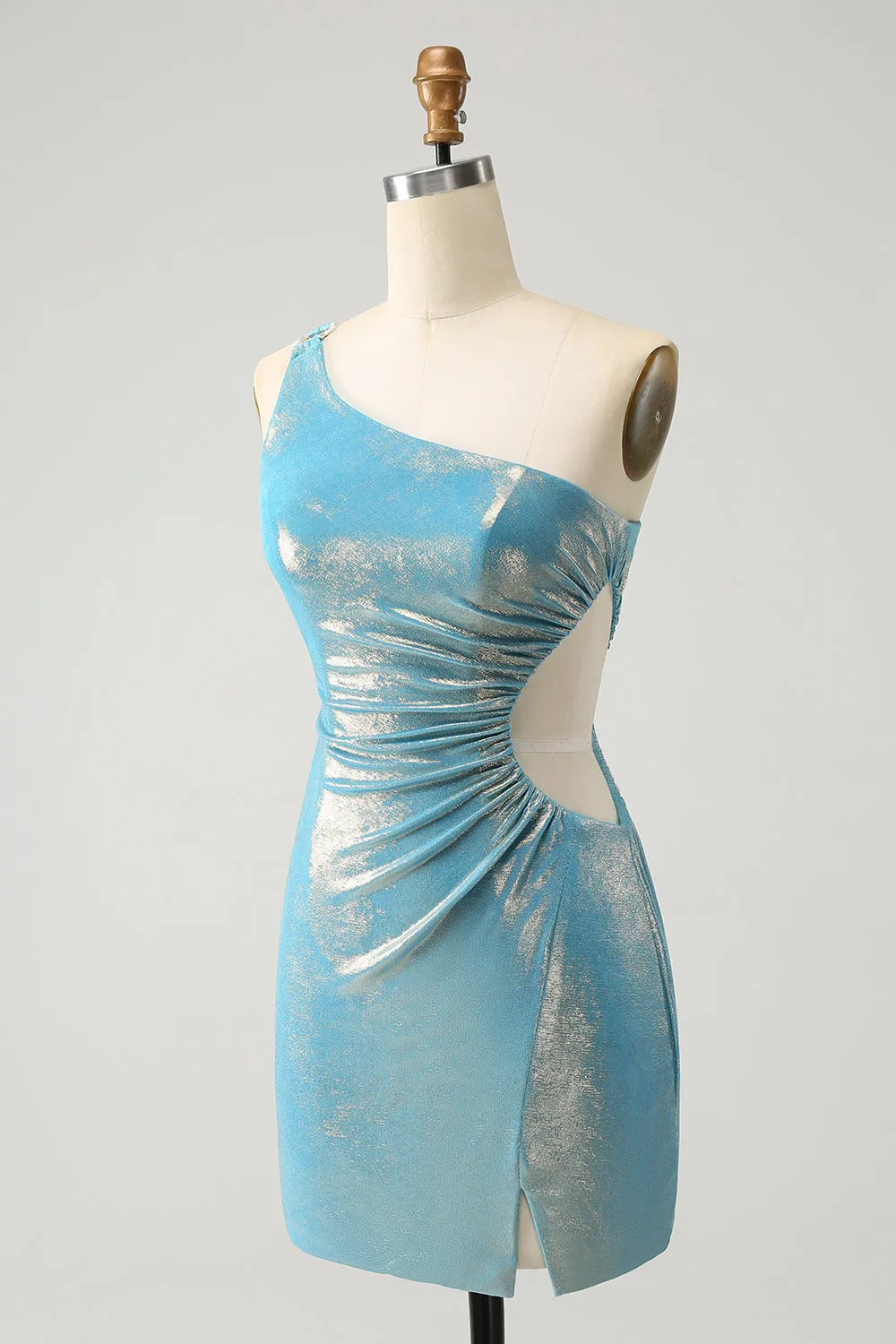 Sparkly Blue Tight One Shoulder Hollow Out Pleated Short Homecoming Dress With Slit