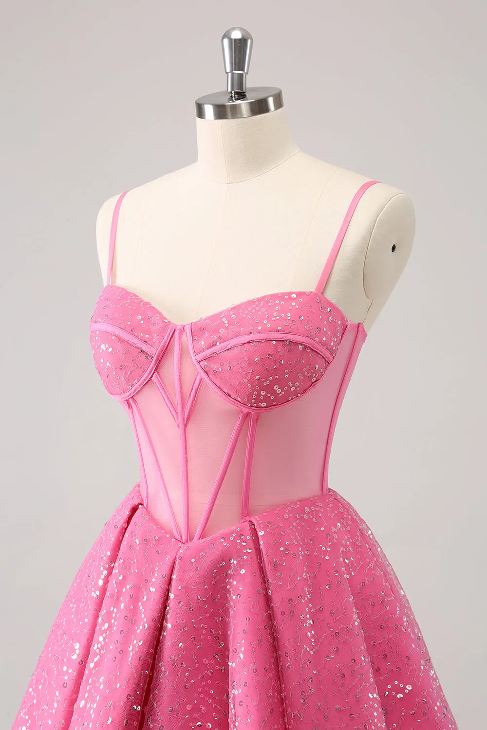 Sparkly Cute Pink Spaghetti Straps A Line Corset Short Homecoming Dress with Sequins