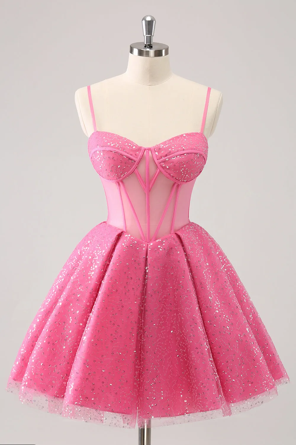 Sparkly Cute Pink Spaghetti Straps A Line Corset Short Homecoming Dress with Sequins