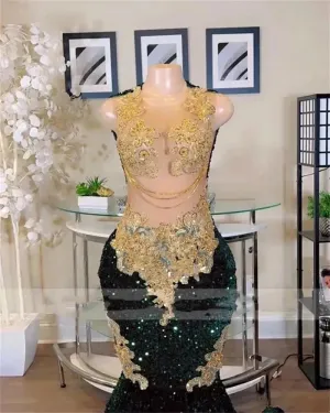 Sparkly Dark Green Mermaid Prom Dresses  For Black Girls Golden Lace Appliques Beads Tassels Velvet Sequins Party Gown BC18147
