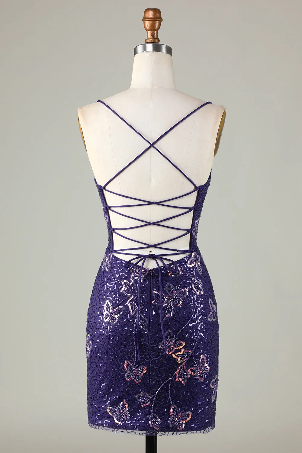 Sparkly Dark Purple Sheath Short Homecoming Dress with Criss Cross Back
