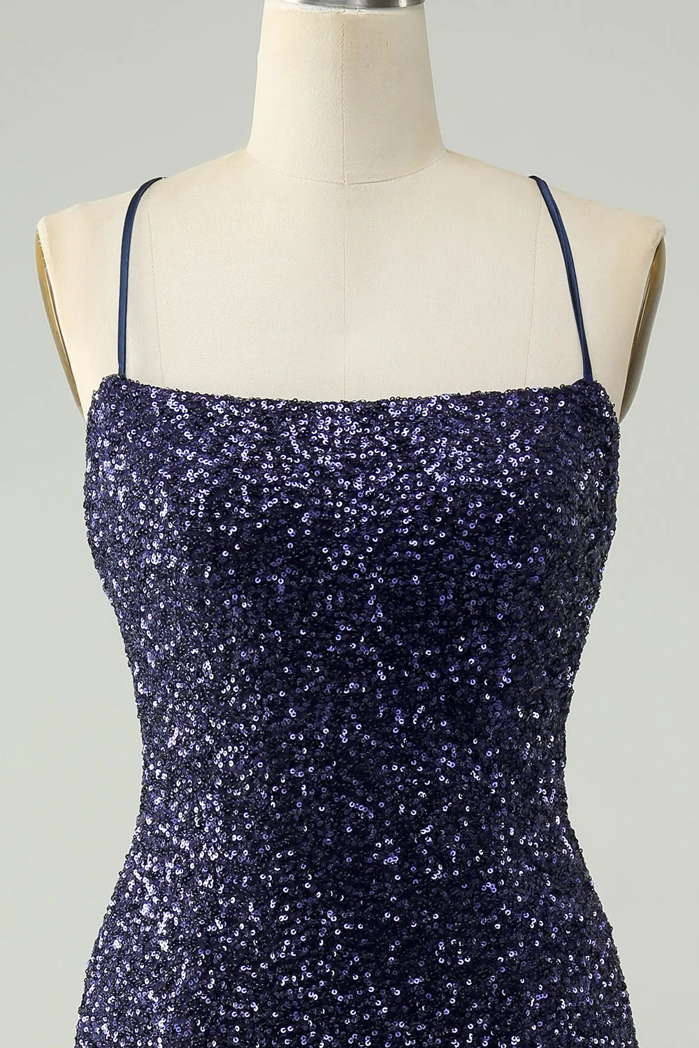 Sparkly Navy Bodycon Spaghetti Straps Backless Short Homecoming Dress with Sequins