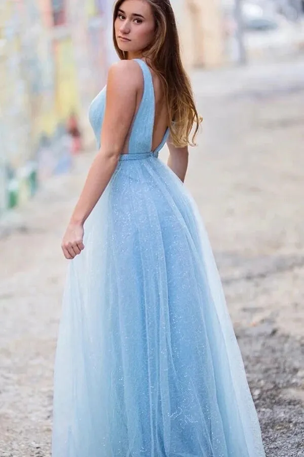 Sparkly Tulle Light Blue A-line Prom Dresses For Teens, Party Dress, MP755