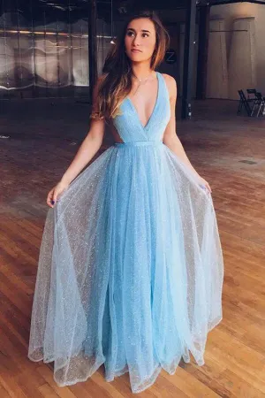 Sparkly Tulle Light Blue A-line Prom Dresses For Teens, Party Dress, MP755