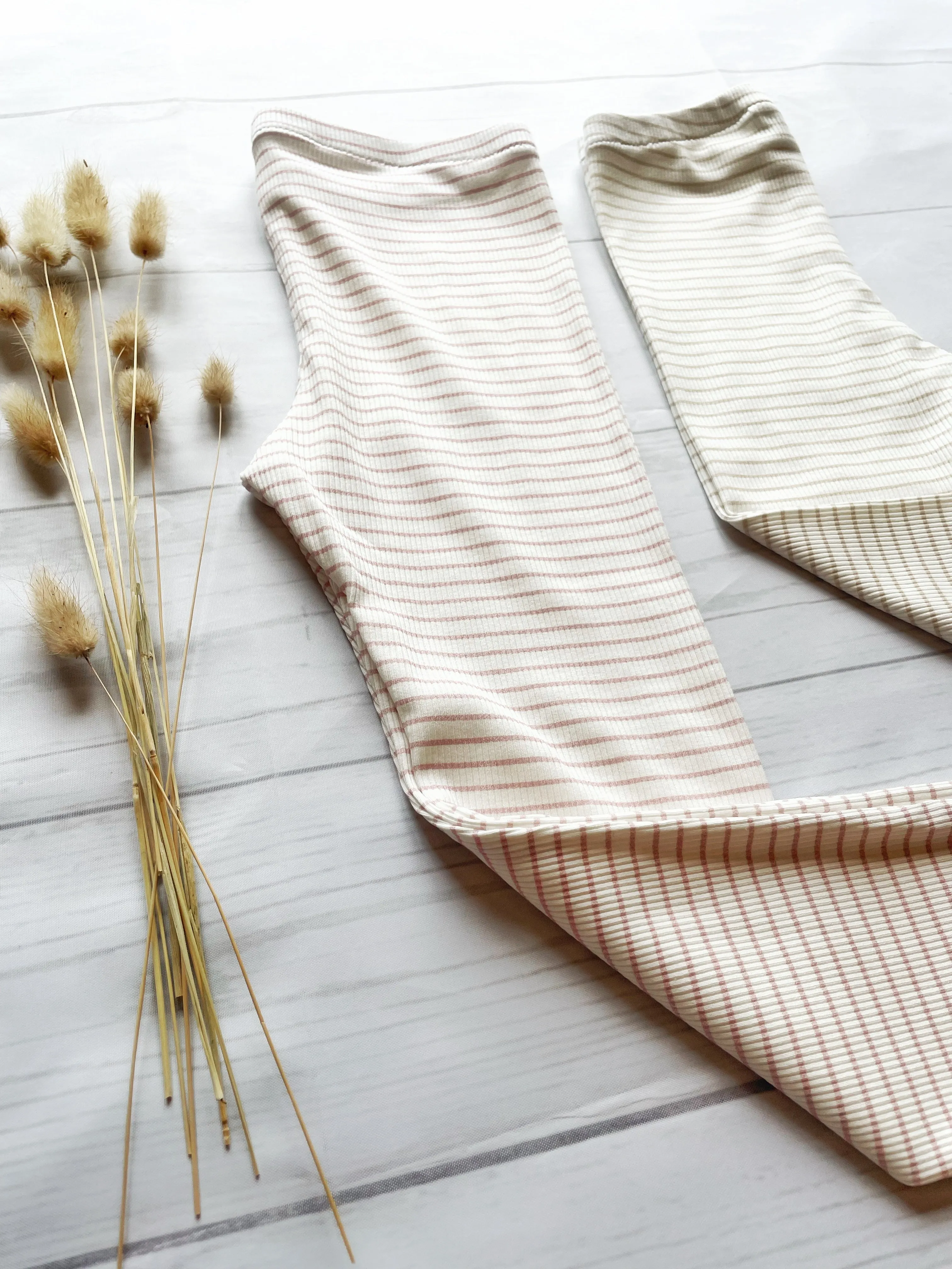 Striped Rib Knit Leggings - Beige