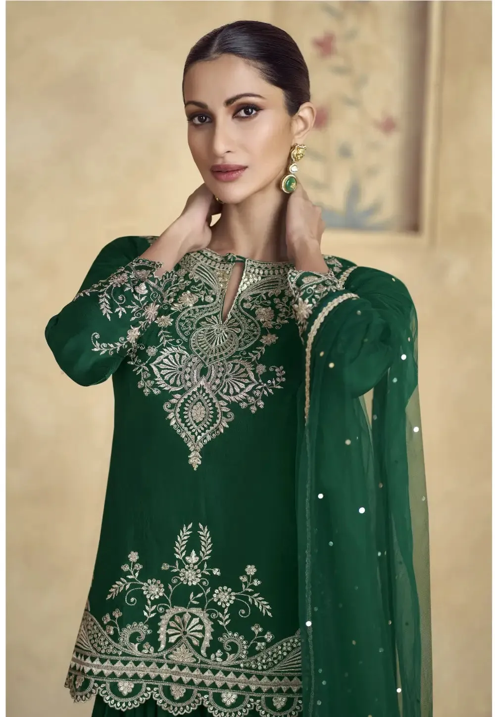 Stunning Embroidered Dark Green Sharara Ensemble