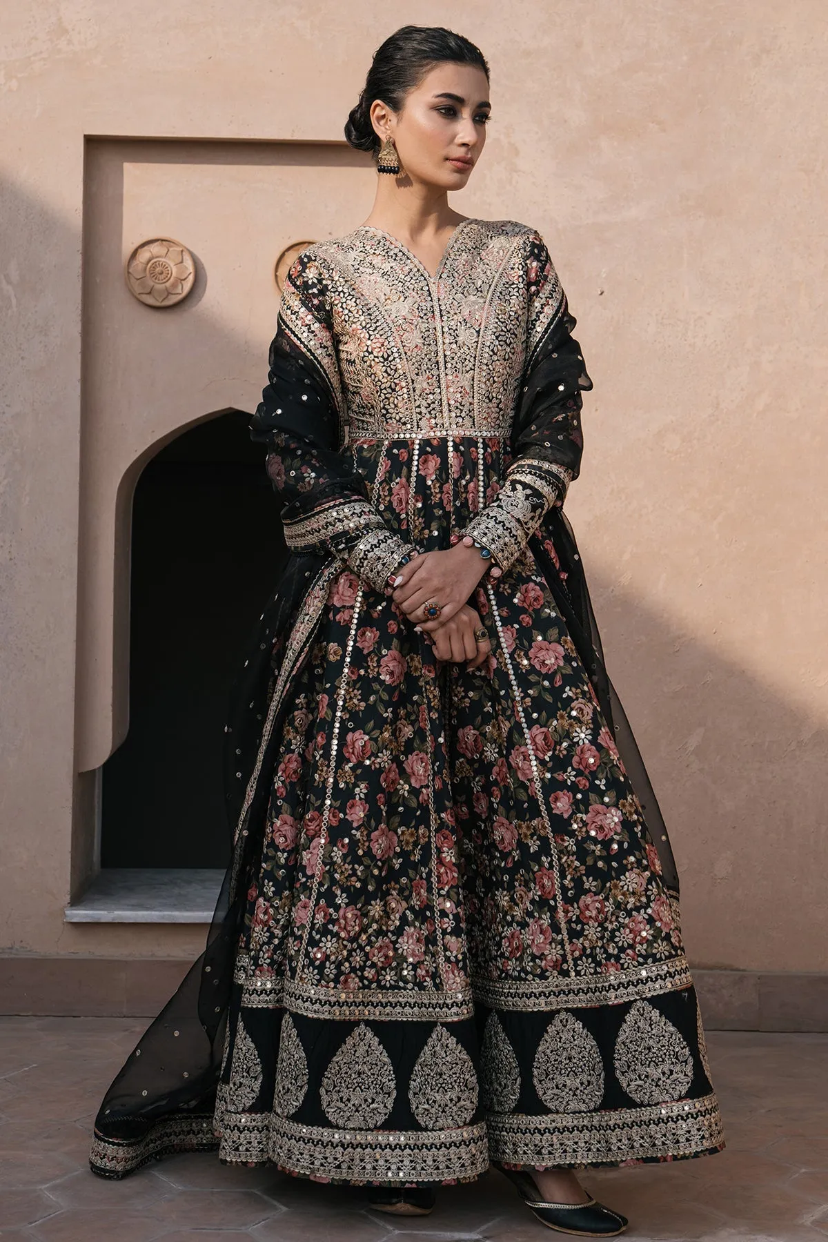 Stunning Embroidered Pakistani Party Wear Dress In Blackish Shade