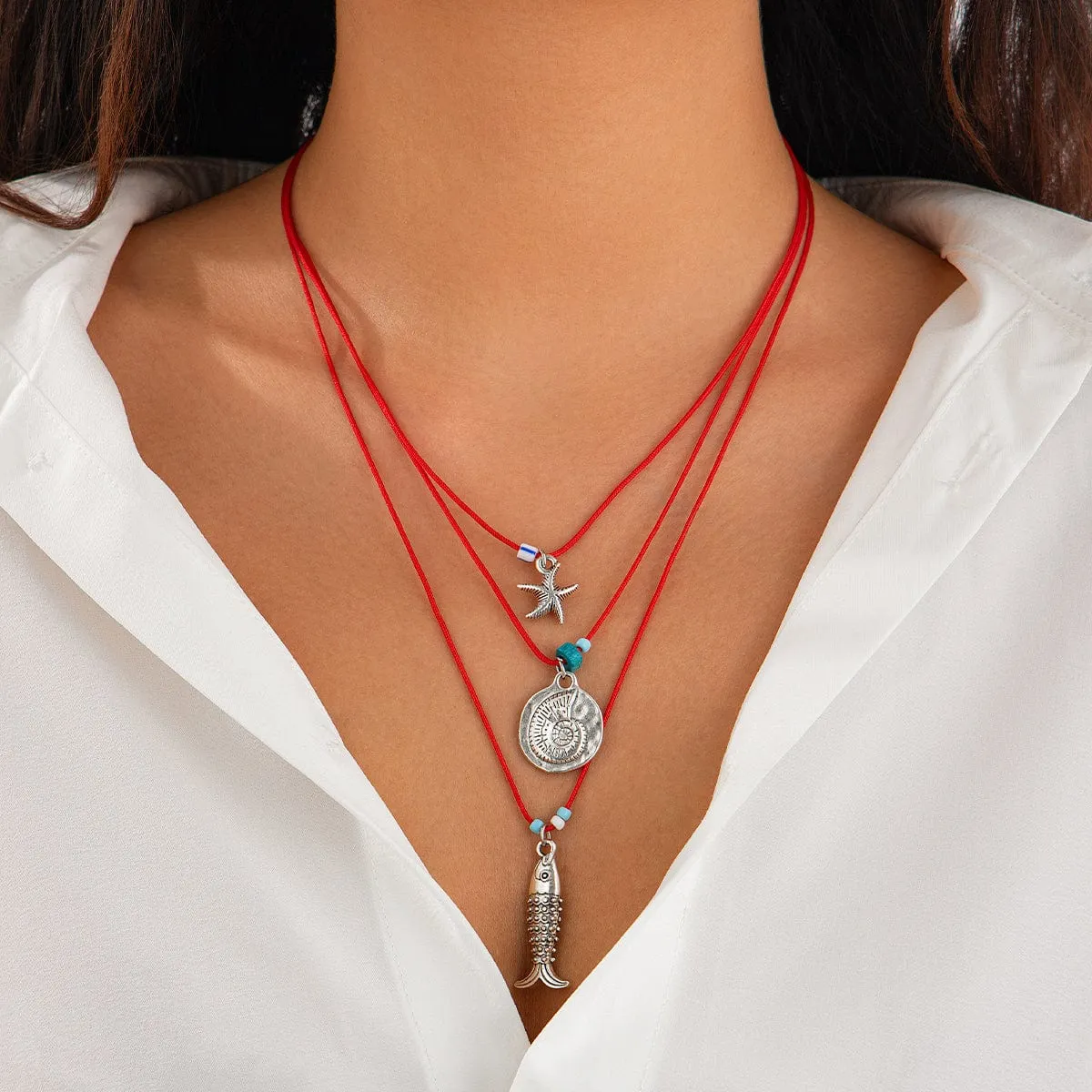 Stylish 3Pcs Shell Fish Starfish Pendant Jade Cord Necklace Set